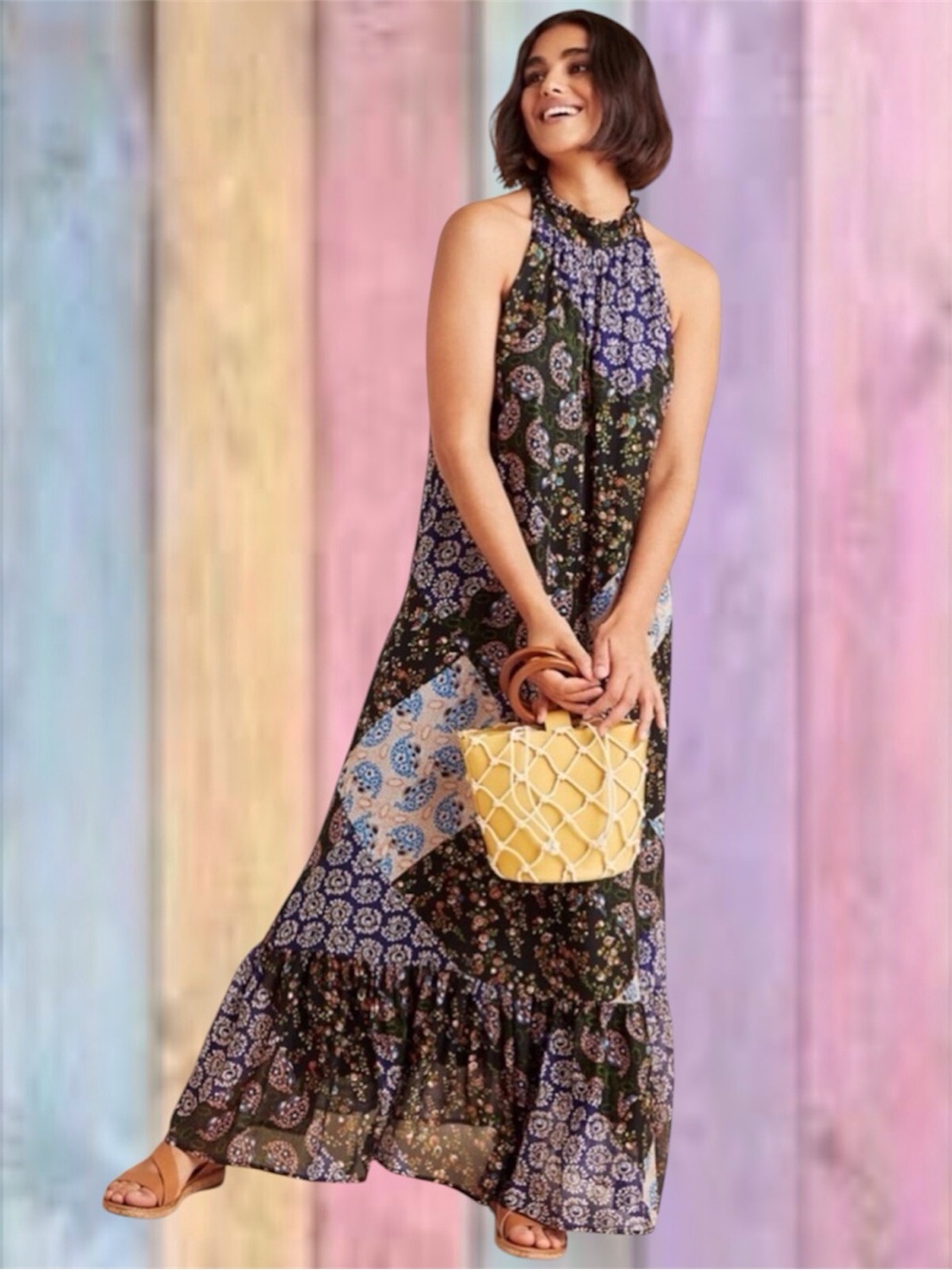 Maeve Anthropologie Boho Katrina Halter Blue Black Patchwork Floral Maxi Dress